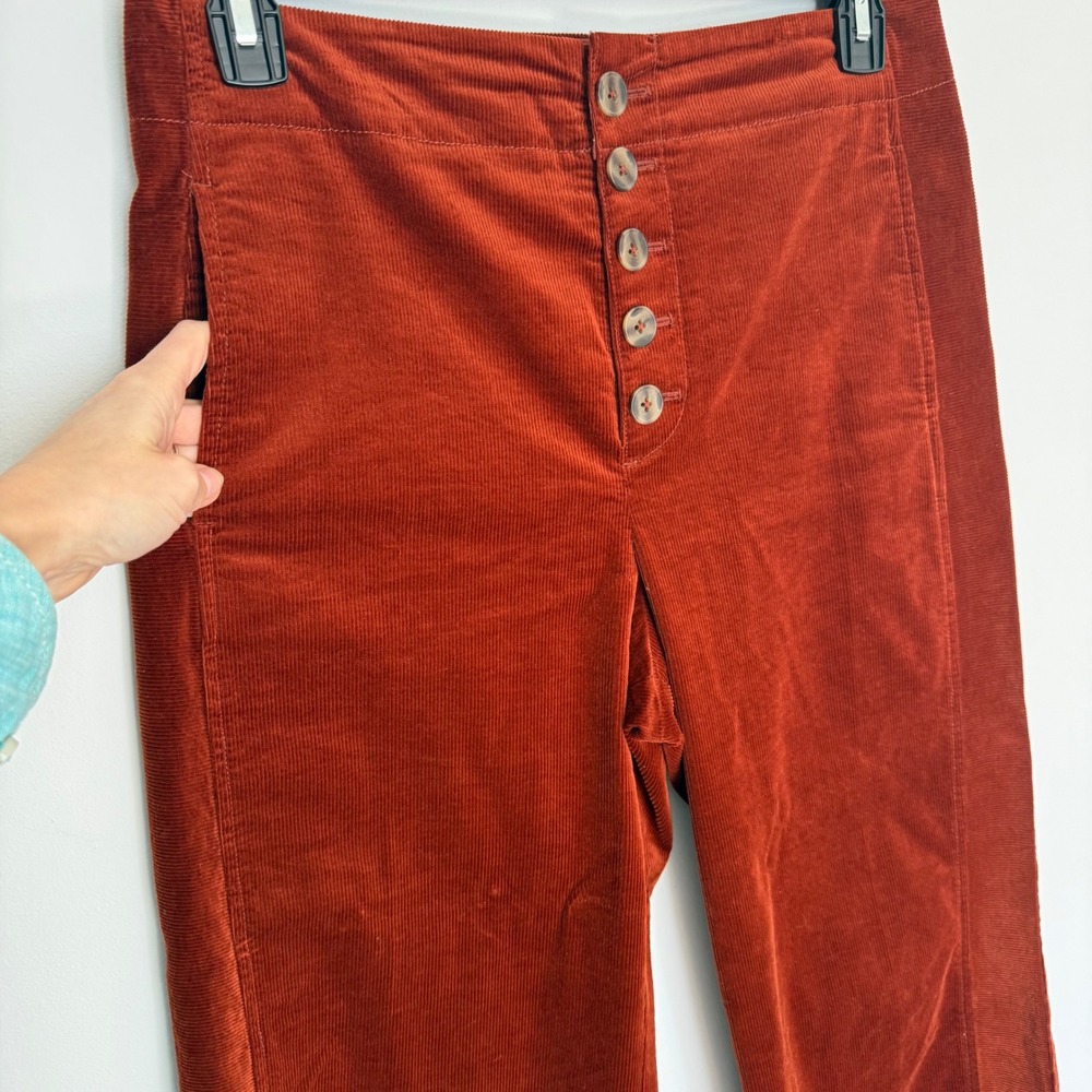 M9 Anthro Pilcro High Rise Wide Leg Corduroy Pants Rust Orange Button Fly 10 - Picture 3 of 7